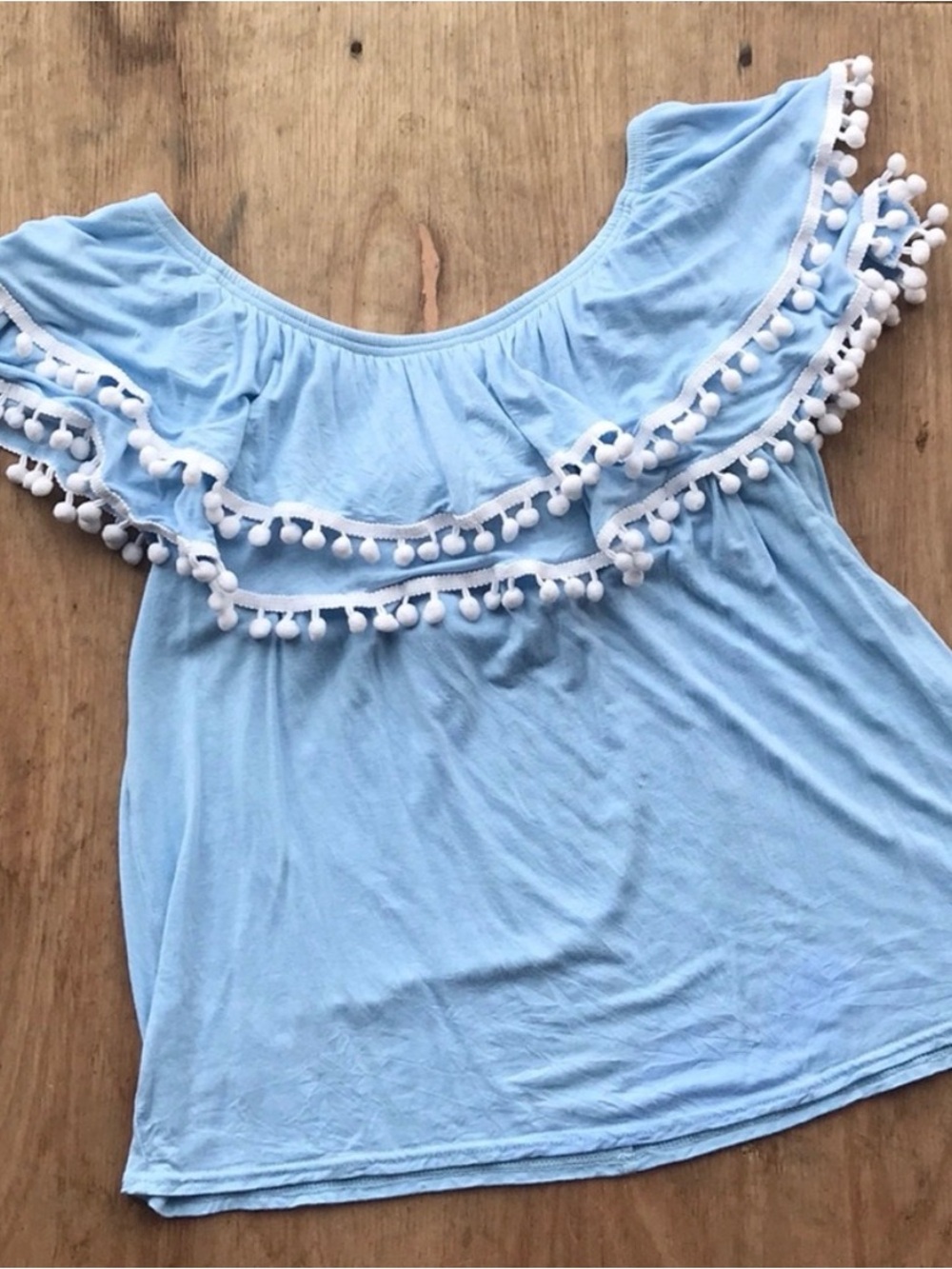 Boohoo Off the Shoulder Top with Ruffles & Pom Poms